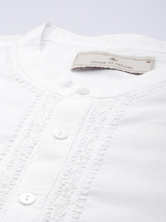 House of Pataudi Men Pure Cotton Solid Chikankari Jashn Short Kurta | Swadesiicart