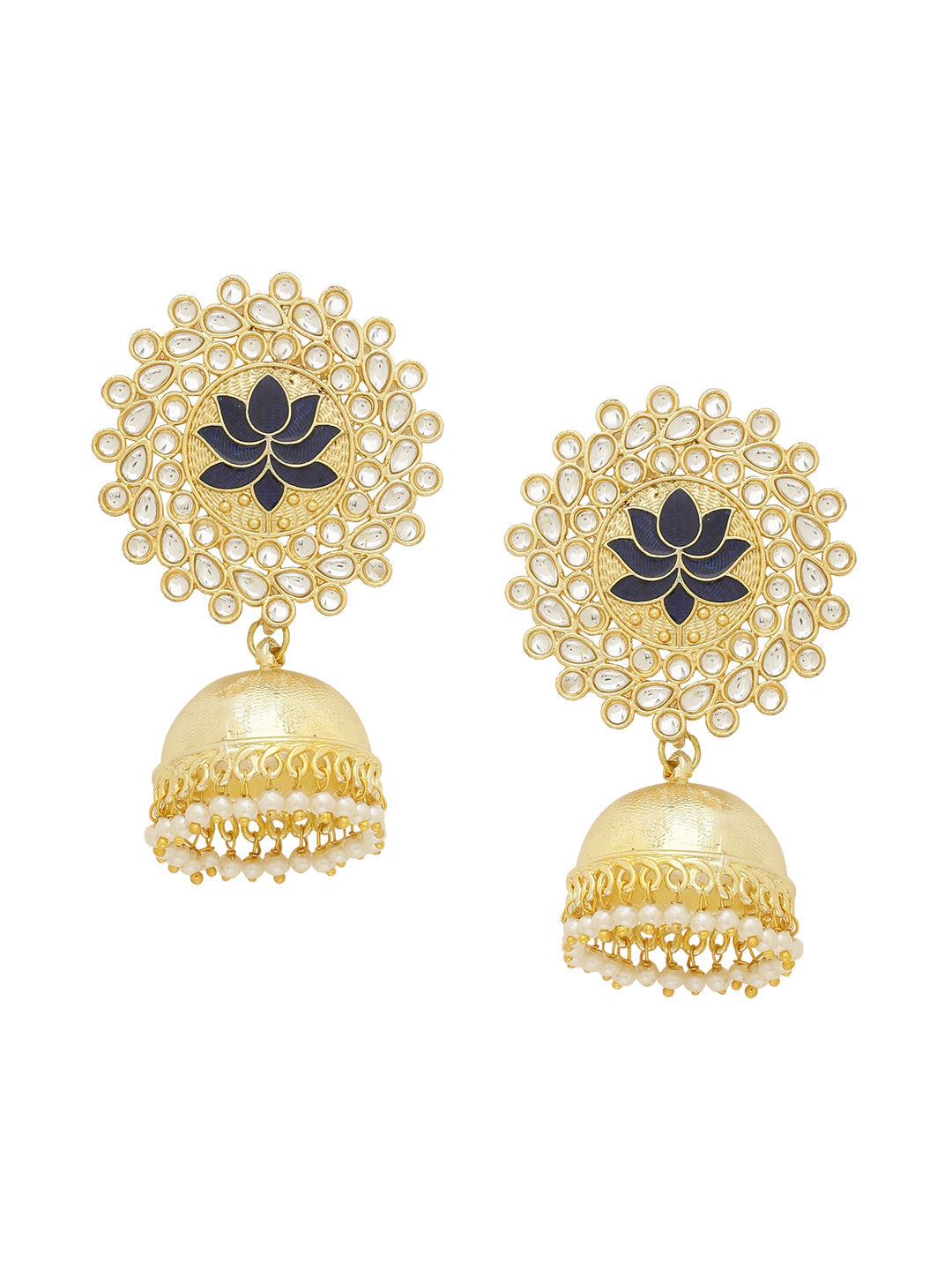 Shoshaa Gold-Polished Navy Blue Kundan-Studded Classic Jhumkas | Swadesiicart