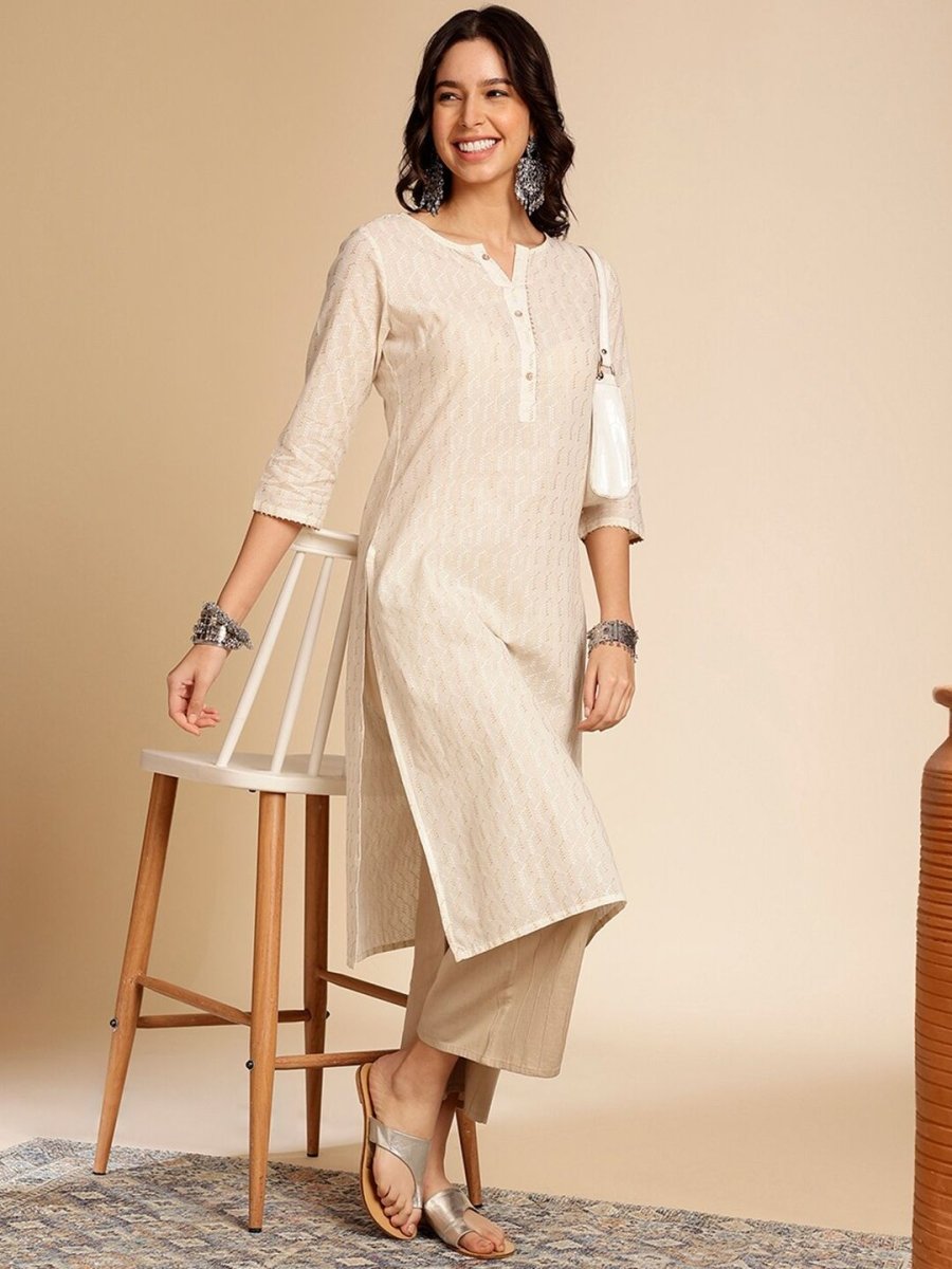 Anouk Off White Printed Mandarin Collar Cotton Straight Kurta - Swadesiicart