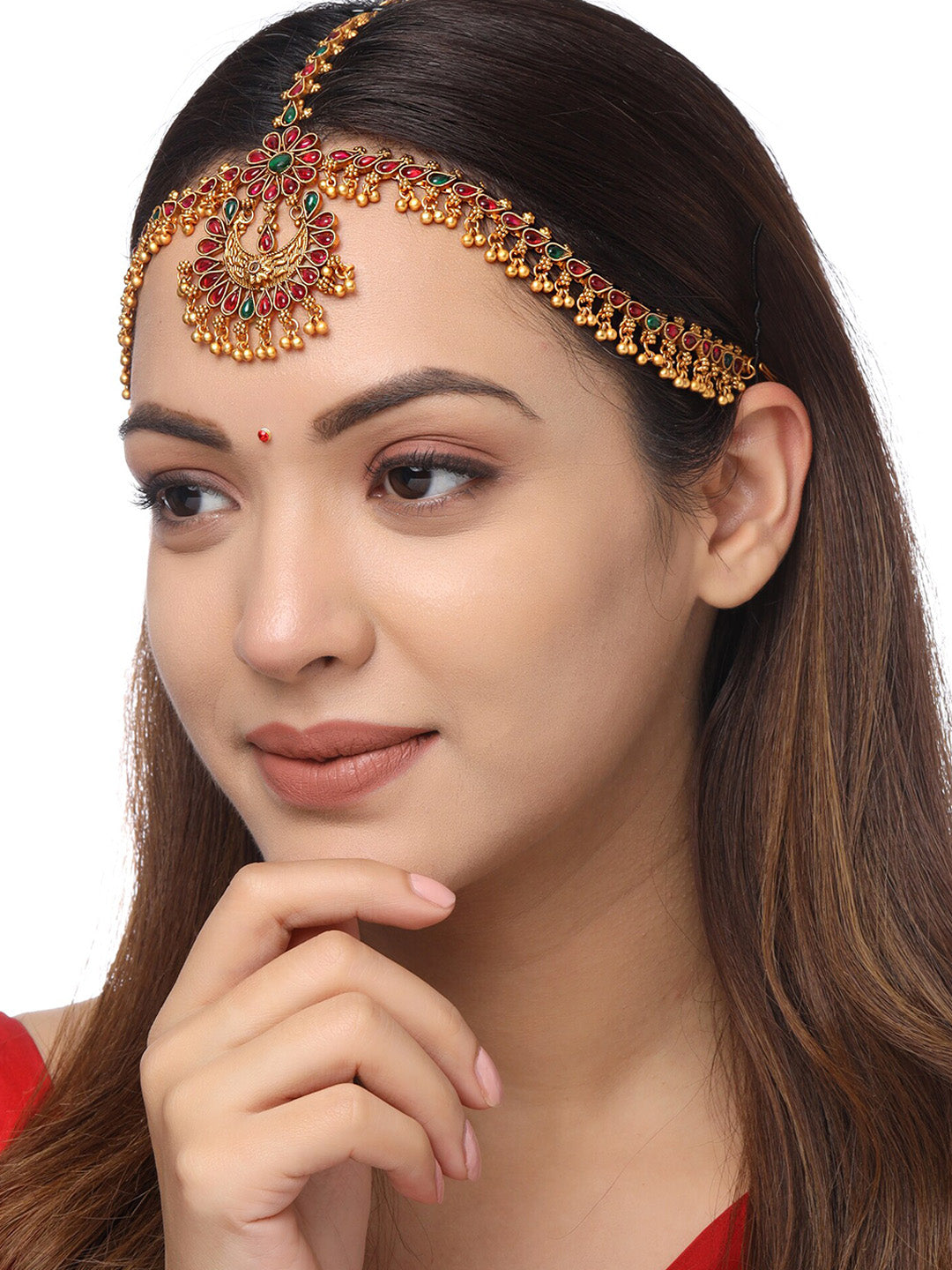 Yellow Chimes Gold-Toned Green Kundan Layered Temple Bridal Traditional Matha Patti | Swadesiicart