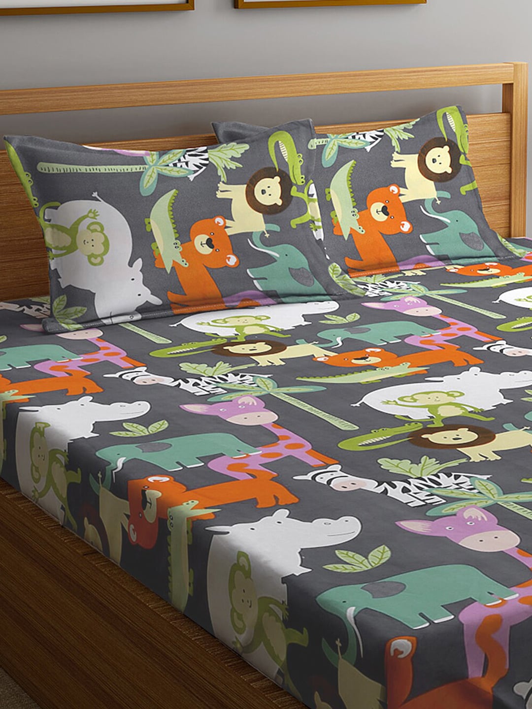 KLOTTHE Grey & Orange Cartoon Character Printed 300 TC King Bedsheet With 2 Pillow covers - Swadesiicart