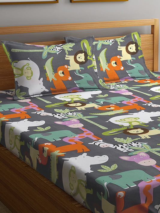 KLOTTHE Grey & Orange Cartoon Character Printed 300 TC King Bedsheet With 2 Pillow covers - Swadesiicart