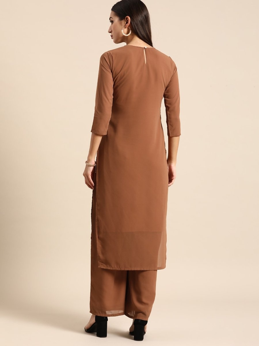 All About You Women Brown Ethnic Motifs Embroidered Chikankari Kurta with Palazzos | Swadesiicart