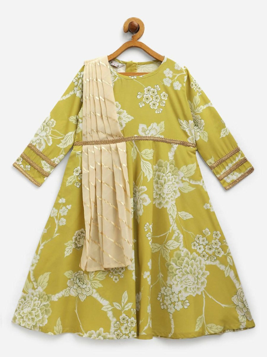 Ahalyaa Lemon Yellow Crepe Digital Print Kids Kurta With Dupatta Set For Girls | Swadesiicart