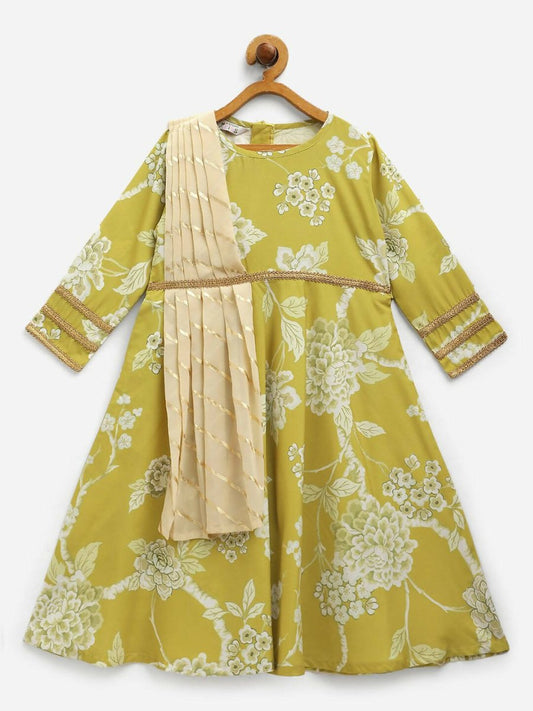 Ahalyaa Lemon Yellow Crepe Digital Print Kids Kurta With Dupatta Set For Girls | Swadesiicart