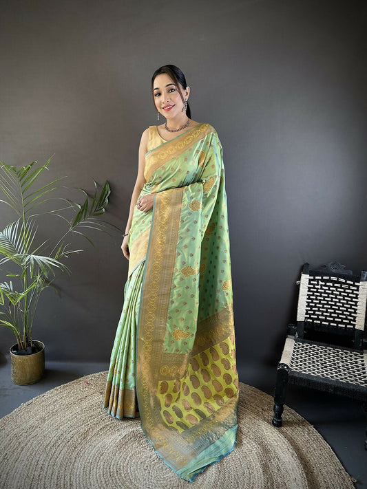 Joban Fashion Banarasi Light Green Woven Woven Soft Silk Saree | Swadesiicart