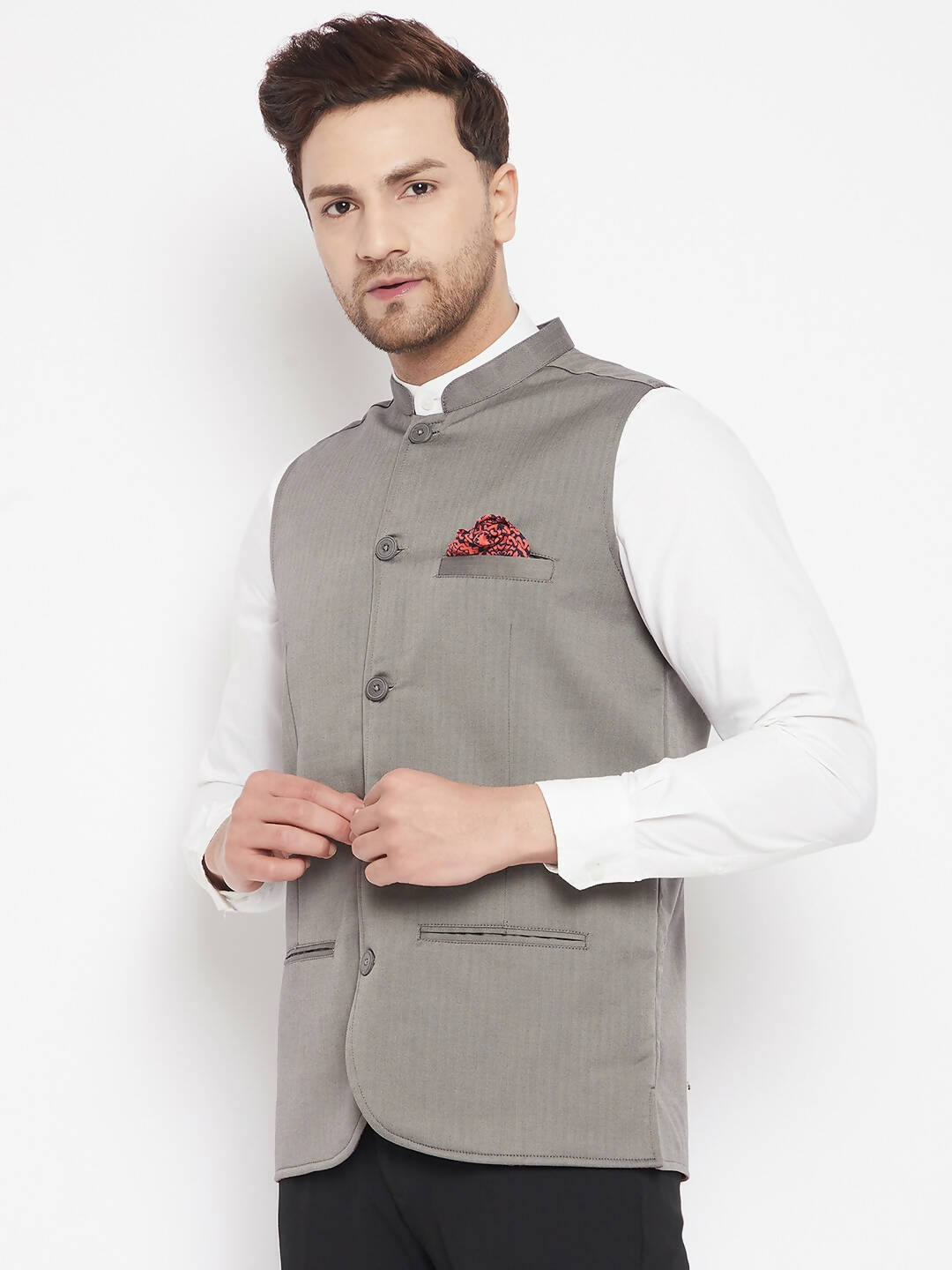 Even Apparels Grey Polyester Men's Nehru Jacket-Contrast Lining-Inbuilt Pocket Square | Swadesiicart