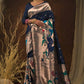 Vishnu Weaves Women's Blue Paithani Silk Zari Woven Saree with Unstitched Blouse - Swadesiicart