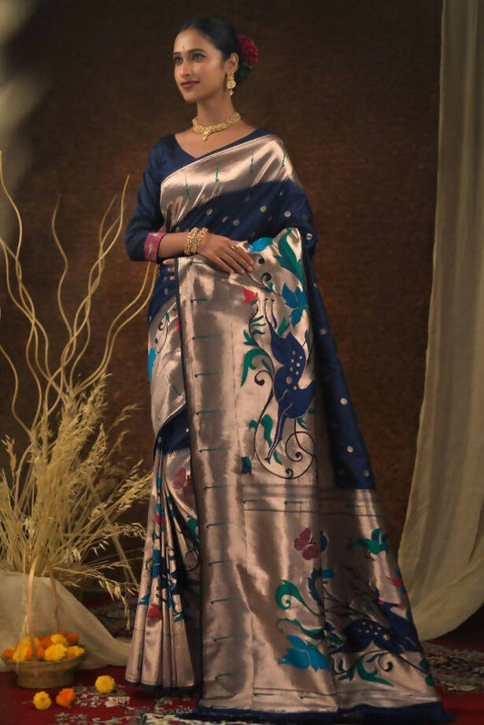 Vishnu Weaves Women's Blue Paithani Silk Zari Woven Saree with Unstitched Blouse - Swadesiicart