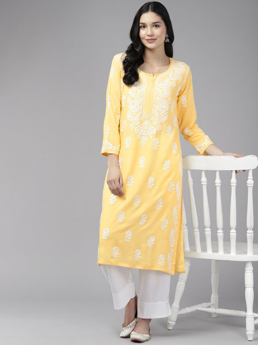 ADA Floral Embroidered Lucknowi Chikankari Cotton Silk Straight Kurta | Swadesiicart