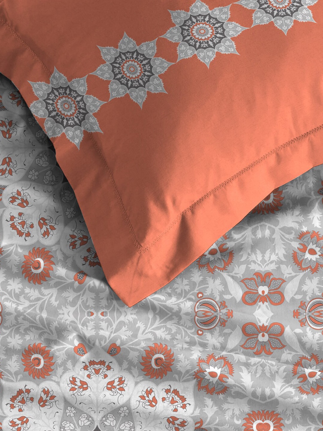 MYTRIDENT Grey White Floral Pure Cotton 144 TC Queen Bedsheet With 2 Pillow Covers - Swadesiicart