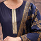 Vishudh Navy Blue Mirror Work Zari Straight Kurta with Palazzo & Dupatta - Swadesiicart