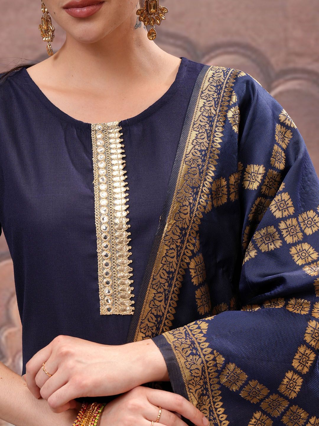 Vishudh Navy Blue Mirror Work Zari Straight Kurta with Palazzo & Dupatta - Swadesiicart