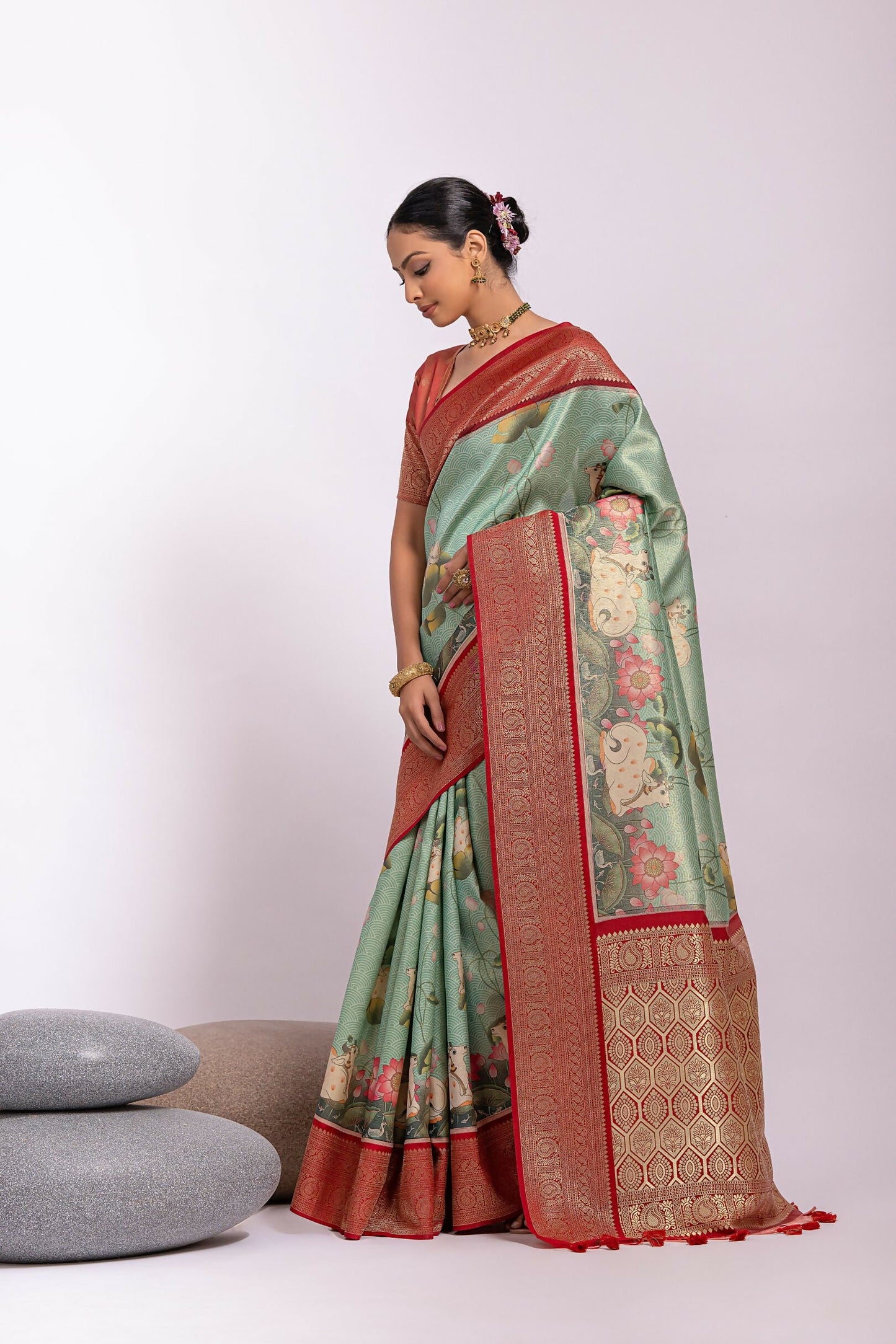 Vishnu Weaves Women's Pista Tissue Silk Zari Woven Saree with Blouse - Swadesiicart