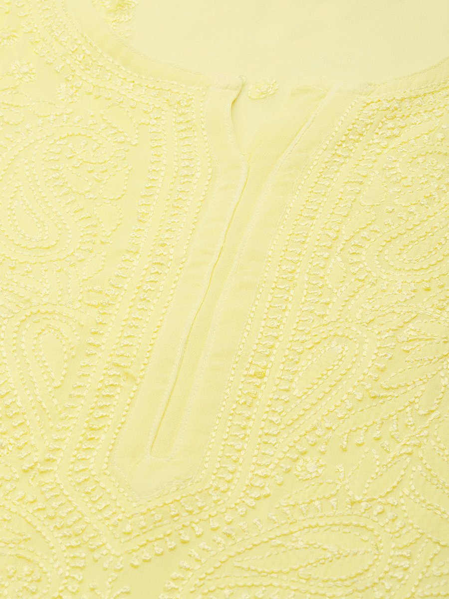 ADA Women Yellow Ethnic Motifs Embroidered Chikankari Georgette Handloom Kurta | Swadesiicart
