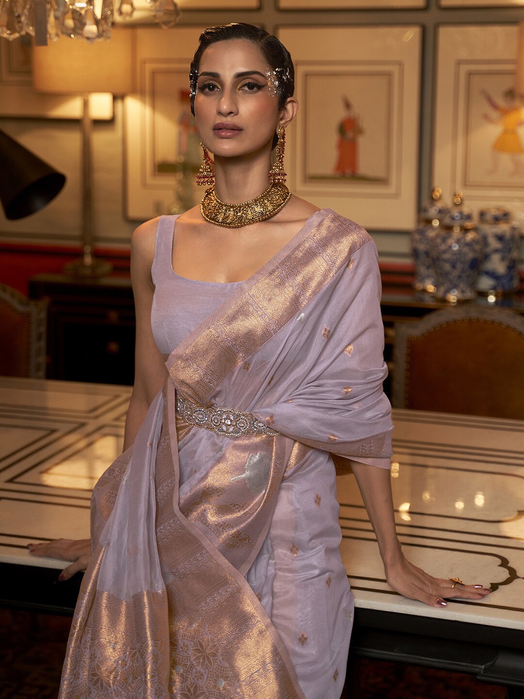 Mitera Lavender & Gold-Toned Ethnic Motifs Zari Silk Blend Banarasi Saree | Swadesiicart
