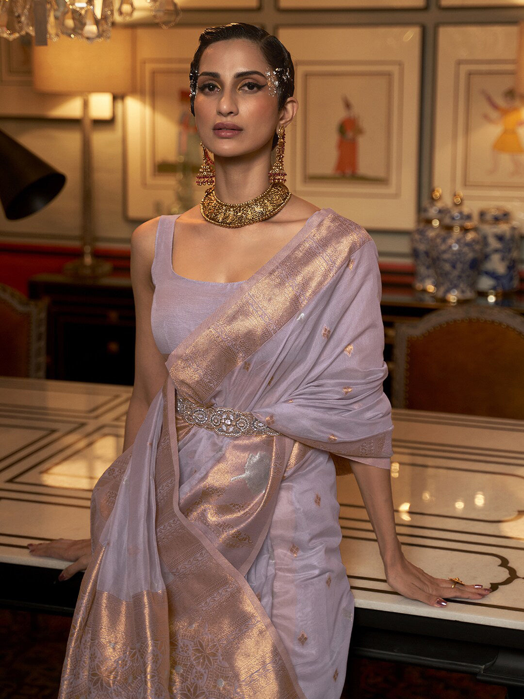 Mitera Lavender & Gold-Toned Ethnic Motifs Zari Silk Blend Banarasi Saree | Swadesiicart
