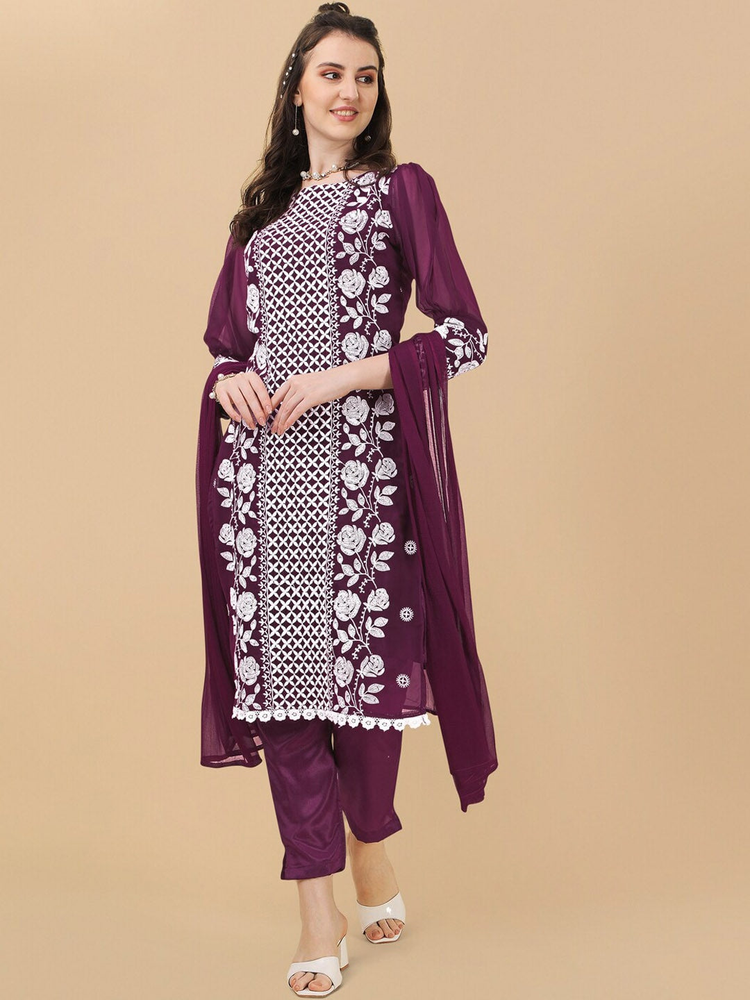 HERE&NOW Floral Embroidered Chikankari Kurta with Trousers & Dupatta | Swadesiicart