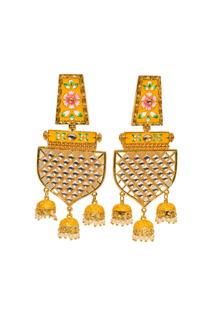 Yellow Traditional Gold-Polished Meenakari Jhumka Jhumki Earrings Indian Jewellery For Women Girls By House of Ree - Swadesiicart