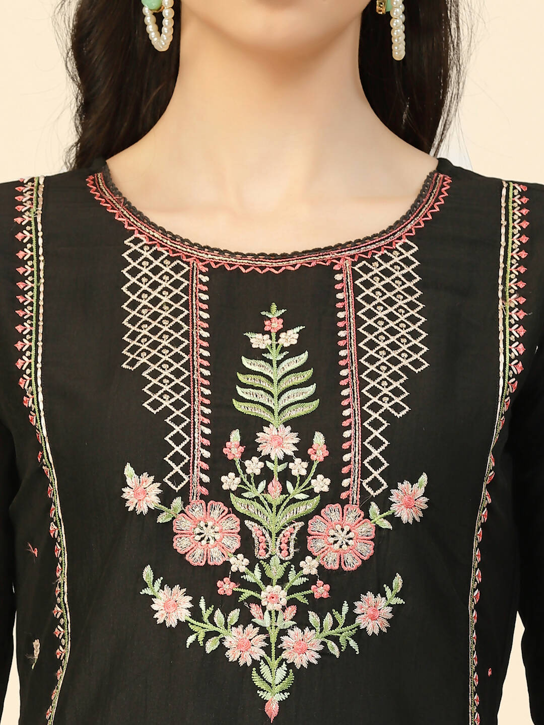 Black Embroidered Chinon Straight Kurta With Trouser & Dupatta - Salimar