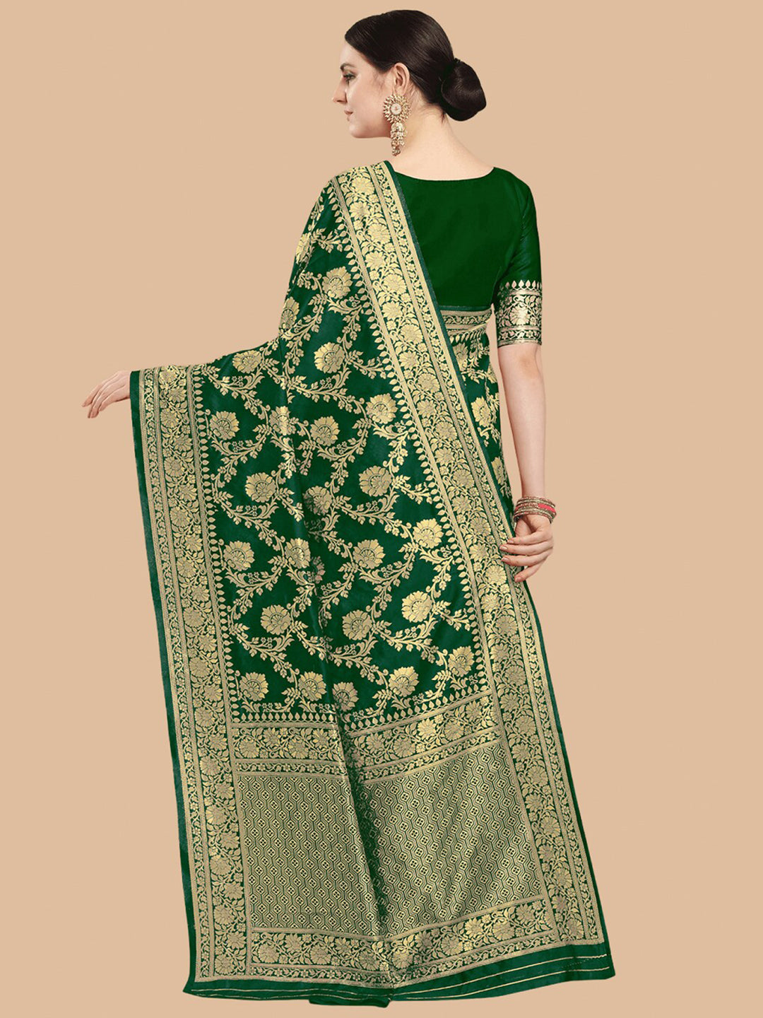 Kalini Green & Gold-Toned Woven Design Silk Blend Banarasi Saree | Swadesiicart