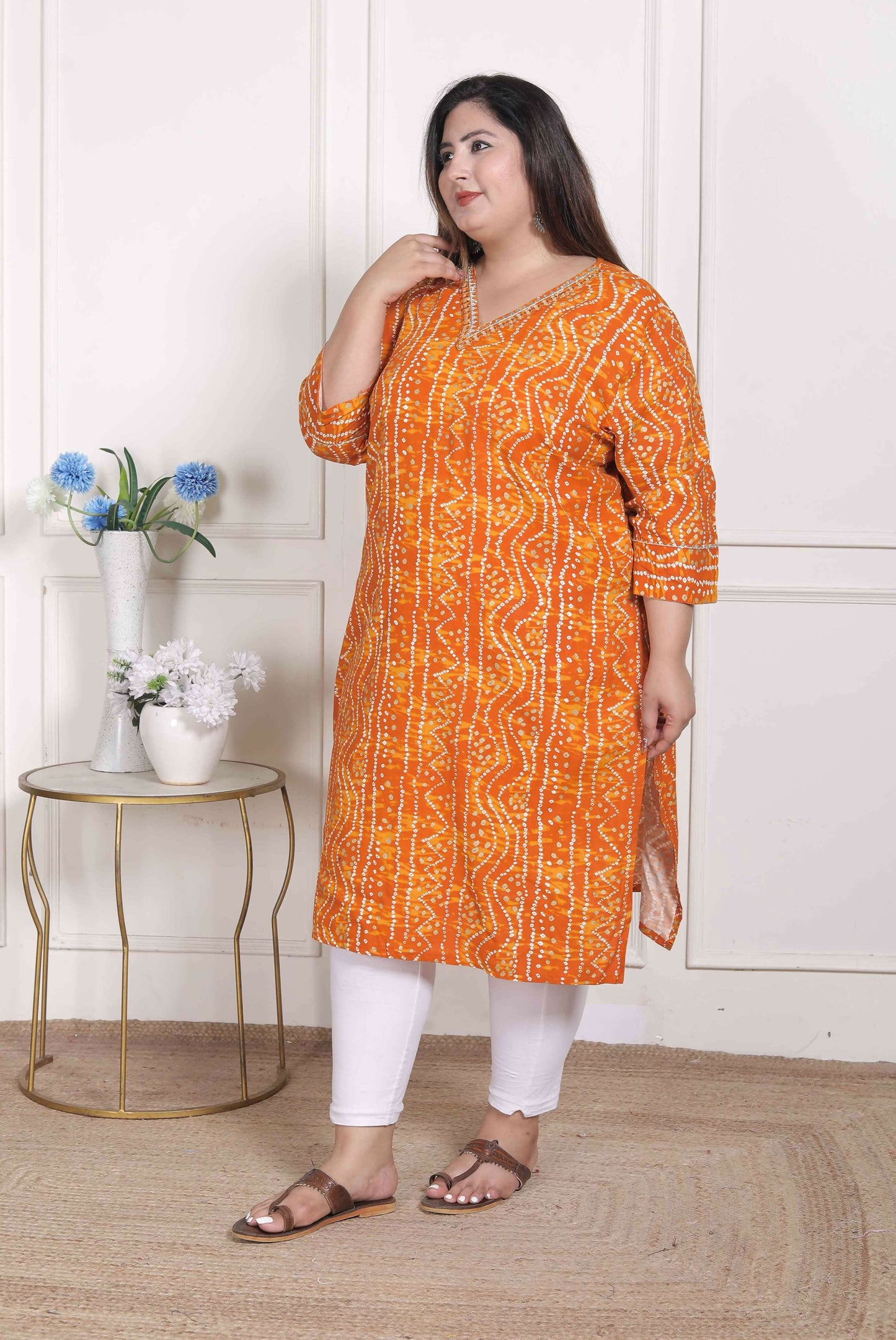Miravan Women's Plus Size Yellow Bandhani Printed Straight Kurta - Swadesiicart