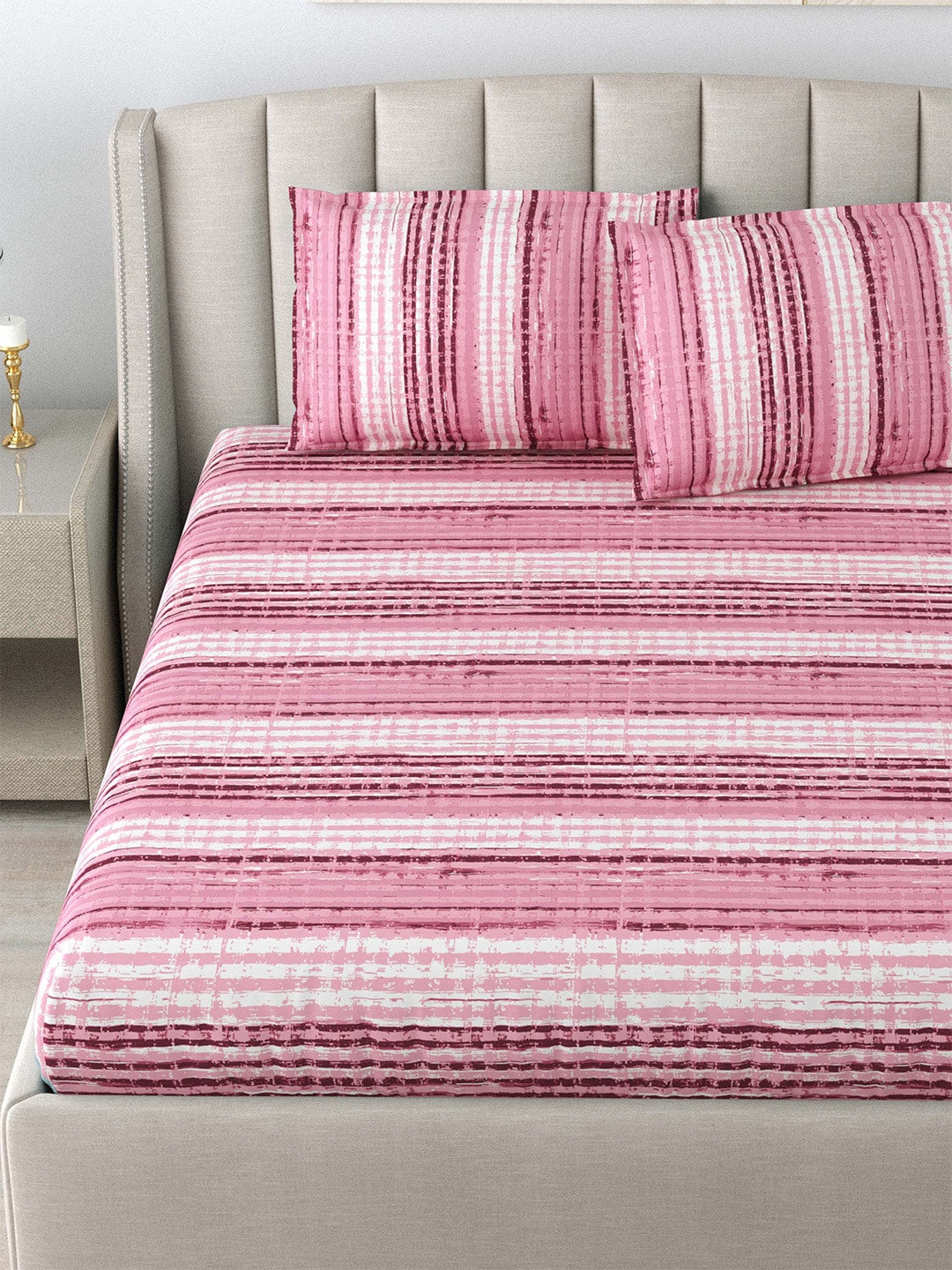 DREAM WEAVERZ Pink Striped Pure Cotton 220 TC King Bedsheet With 2 Pillow Covers - Swadesiicart