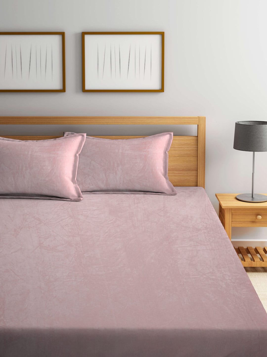 KLOTTHE Pink Woolen 300TC King Bedsheet Fitted Bedsheet With 2 Pillow Covers - Swadesiicart