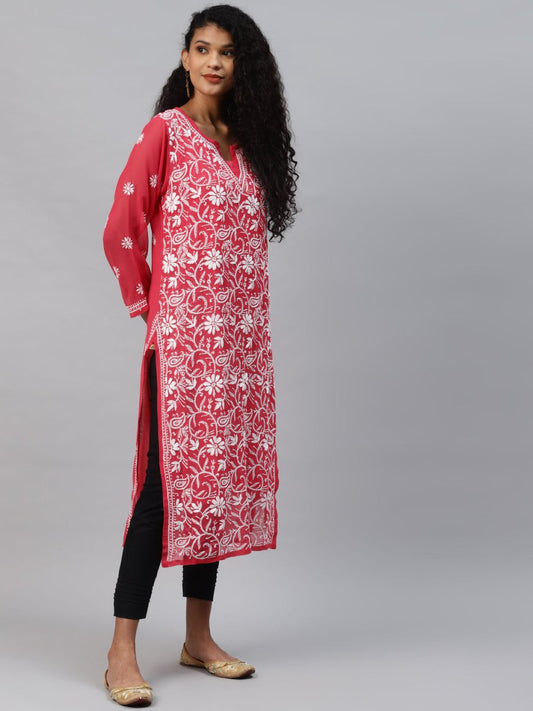 ADA Women Carrot Pink & White Floral Hand Embroidered Chikankari Handloom Kurta & Matching slip | Swadesiicart