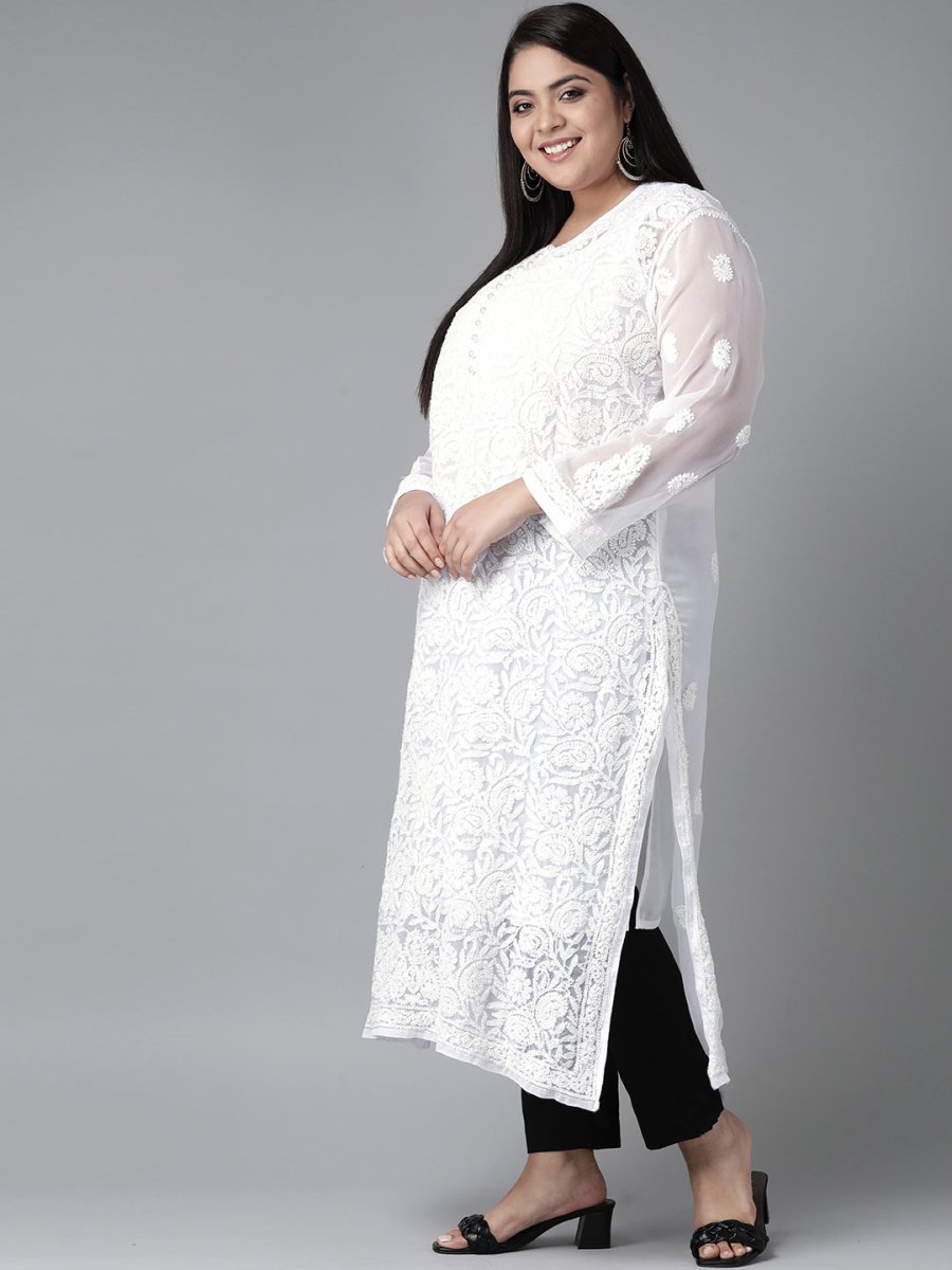 ADA Women Plus Size White Chikankari Embroidered Handloom Kurta with Inner | Swadesiicart