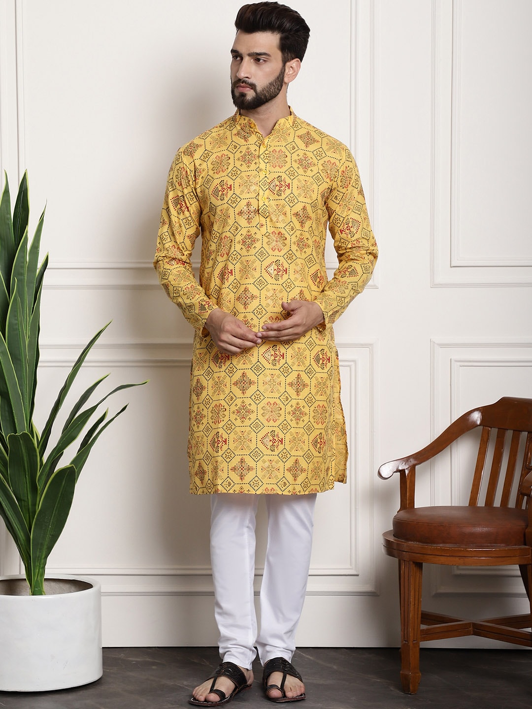 Sojanya Men Yellow Ethnic Motifs Printed Kurta with Churidar | Swadesiicart
