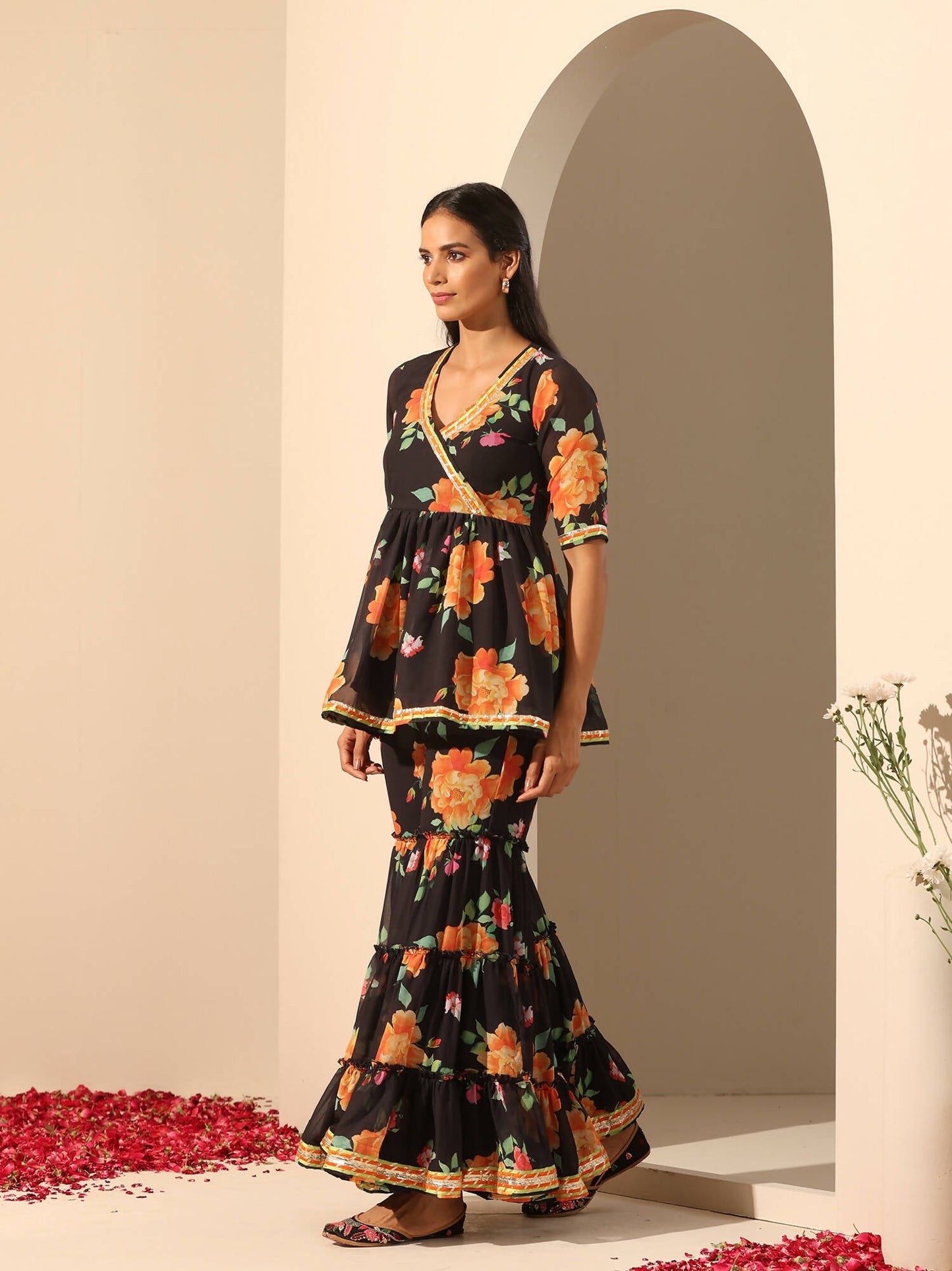 Pomcha Jaipur Black Gul Narangi Sharara Set | Swadesiicart