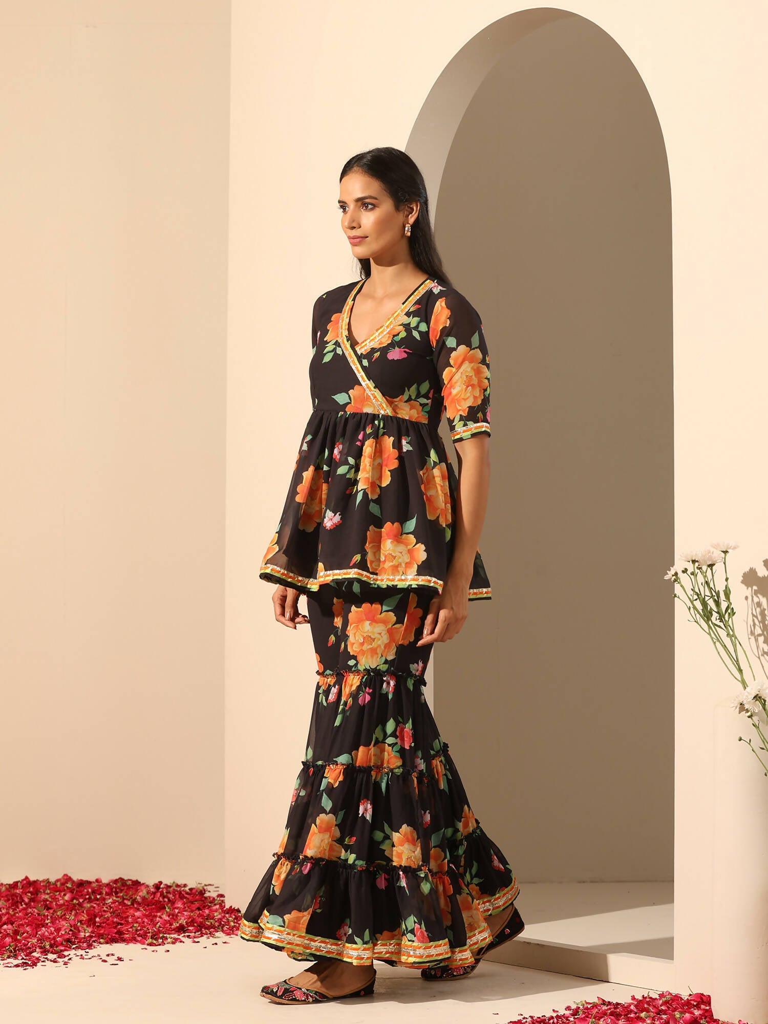 Pomcha Jaipur Black Gul Narangi Sharara Set | Swadesiicart