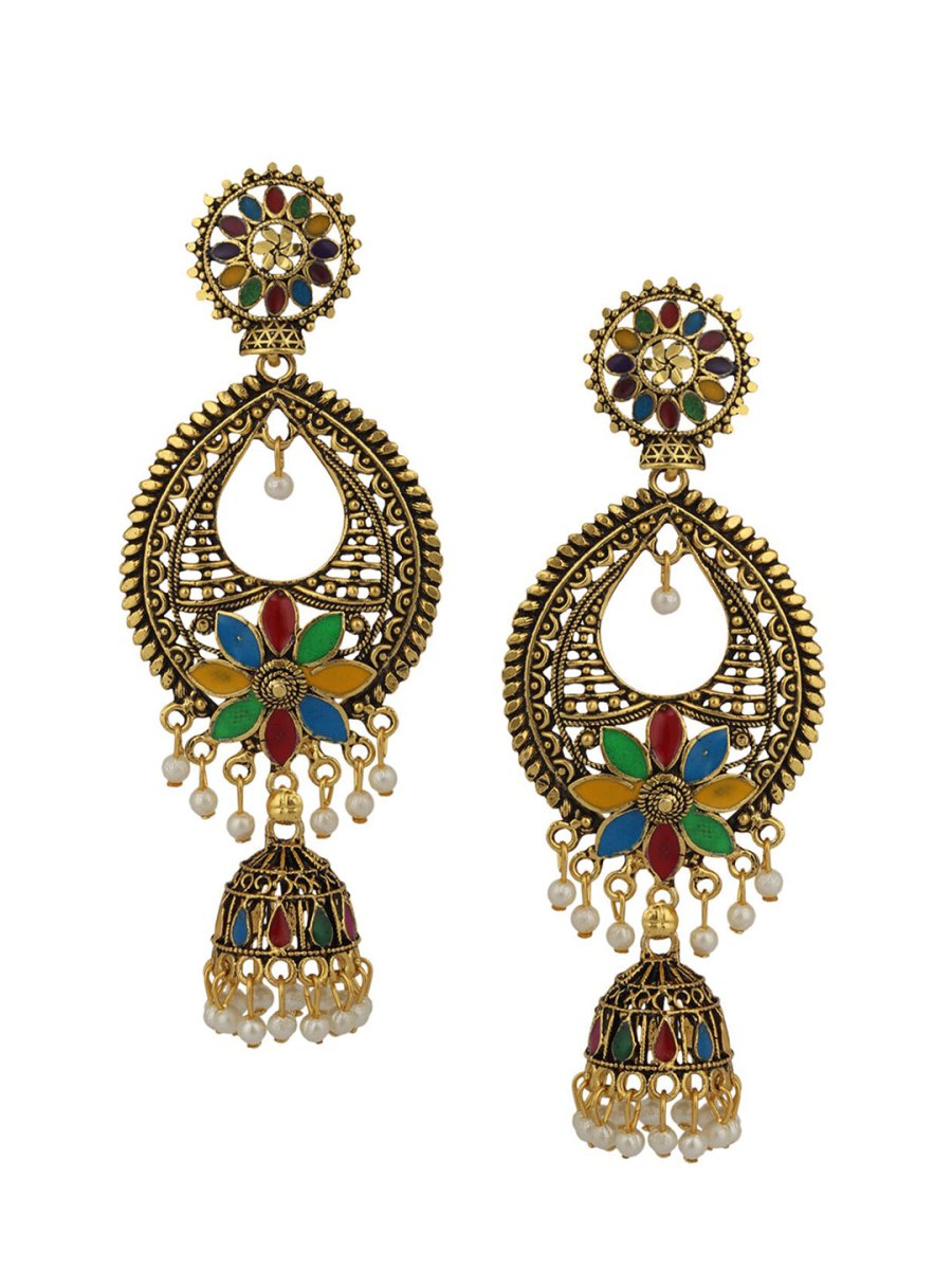 Anikas Creation Gold-Toned & Multicoloured Contemporary Jhumkas Earrings | Swadesiicart