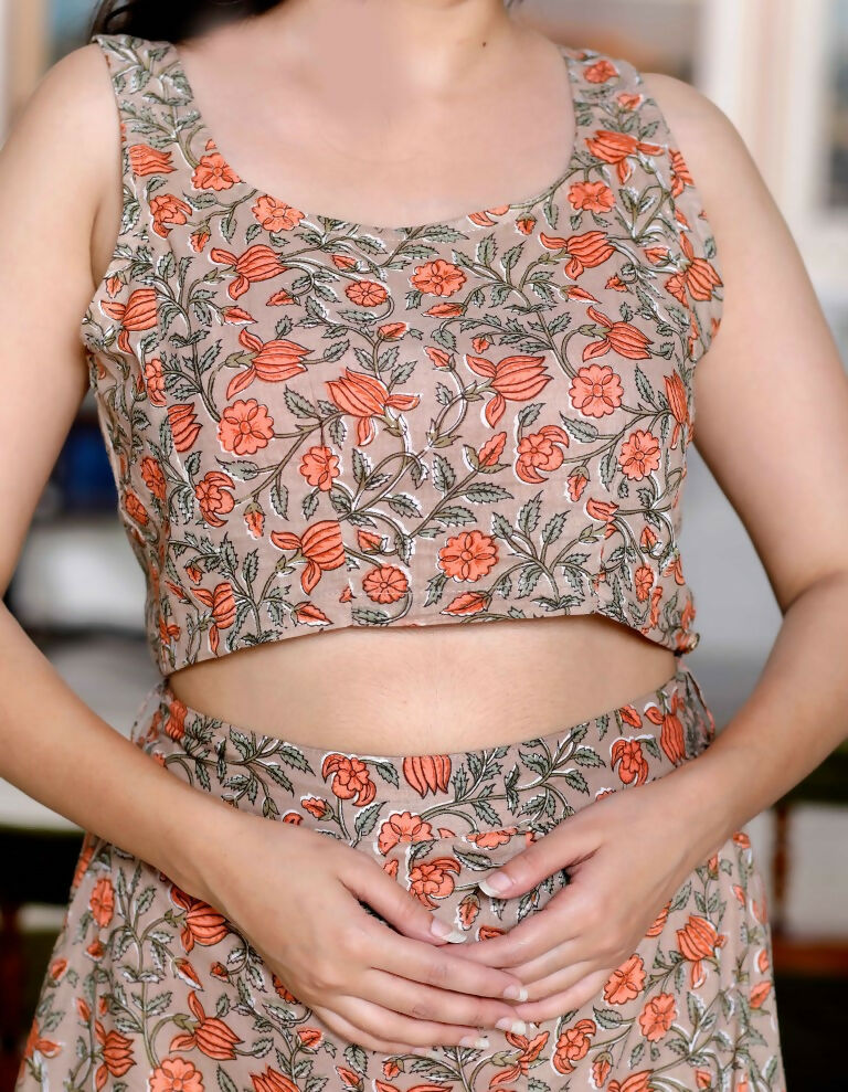 Miravan Women's Brown Floral Printed Crop Top And Skirt Co-Ord Set - Swadesiicart