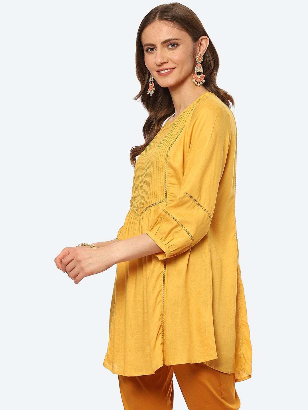 Biba Women Yellow Pleated And Panelled Puff Sleeves Kurti - Swadesiicart