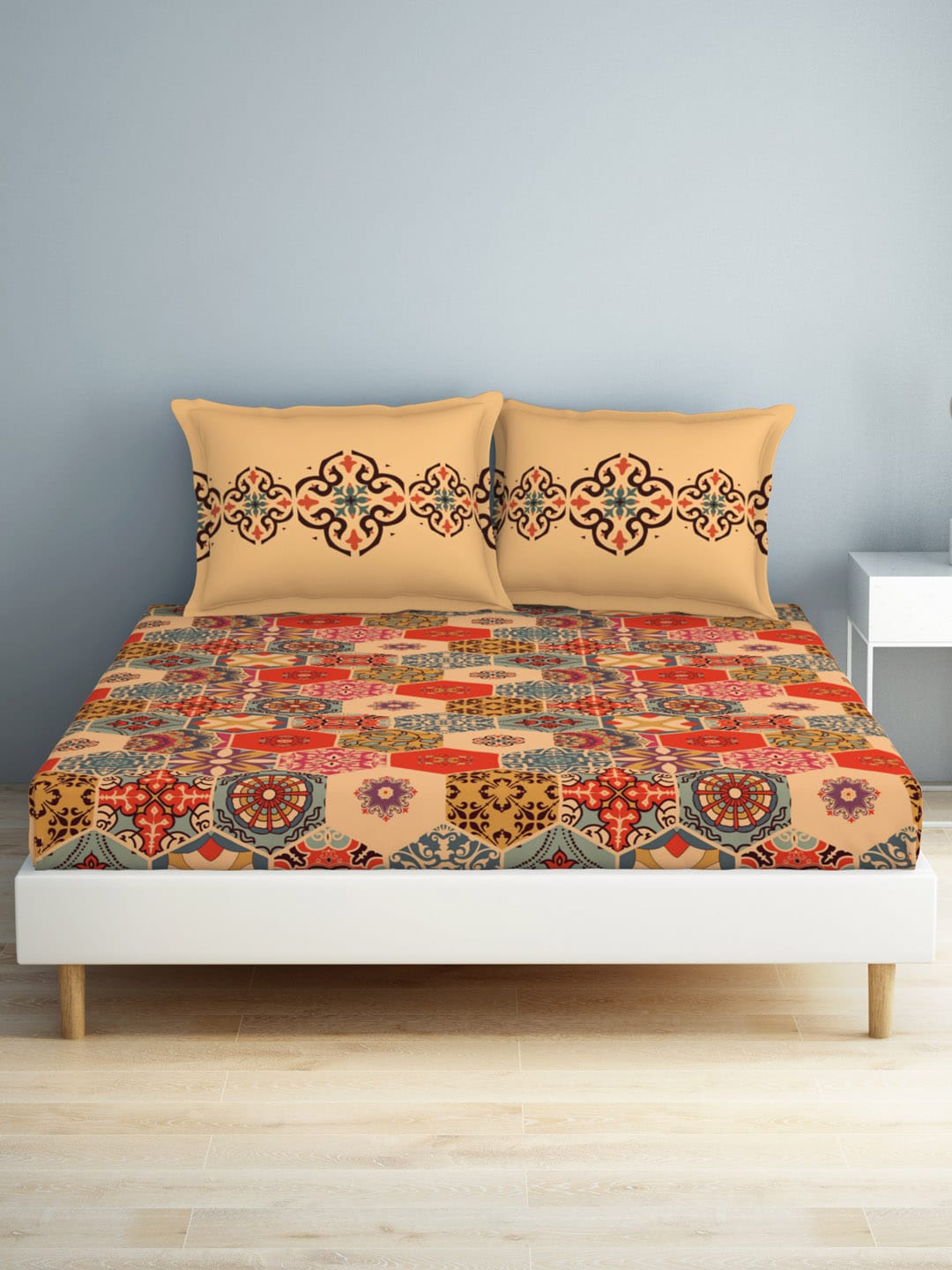SPACES Aurum Orange Ethnic Motifs Pure Cotton 140 TC Queen Bedsheet with 2 Pillow Covers - Swadesiicart