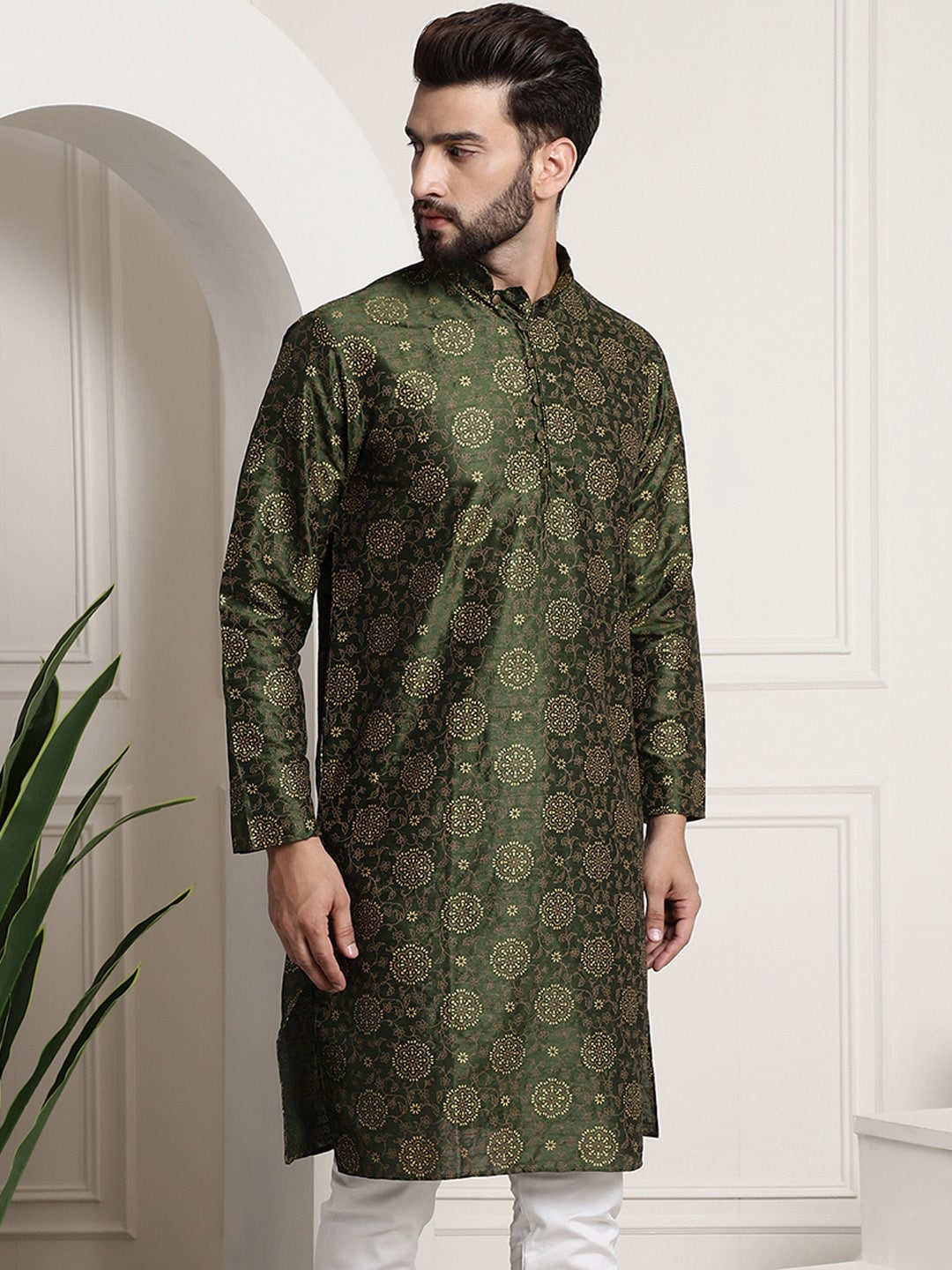 Sojanya Men Green & Brown Ethnic Motifs Printed Kurta | Swadesiicart