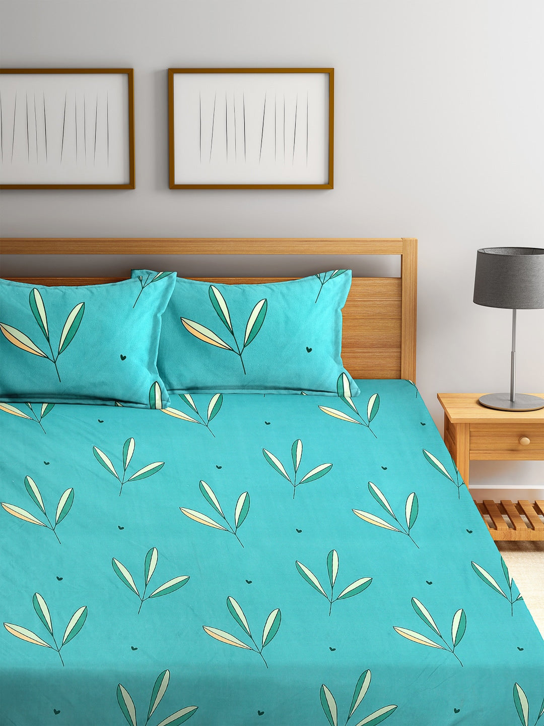 Home Sizzler Turquoise Blue & White Floral 144 TC Polyester 1 Queen Bedsheet with 2 Pillow Covers - Swadesiicart