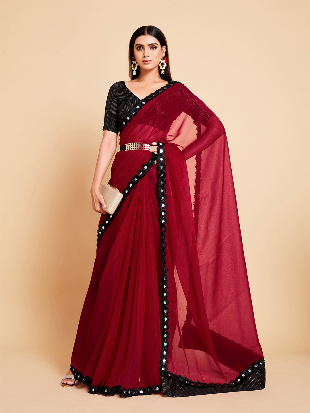 Sangria Women Red Ready to wear Saree | Swadesiicart