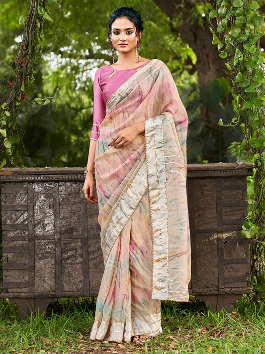 Tikhi Imli Peach Tie and Dye Gotta Patti Organza Saree | Swadesiicart