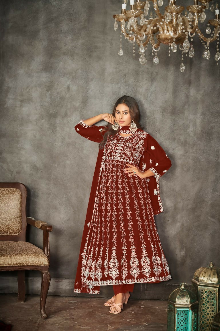 Jyoti Fashion Women's Maroon Net Embroidered Anarkali Kurta Pant Set With Dupatta | Swadesiicart