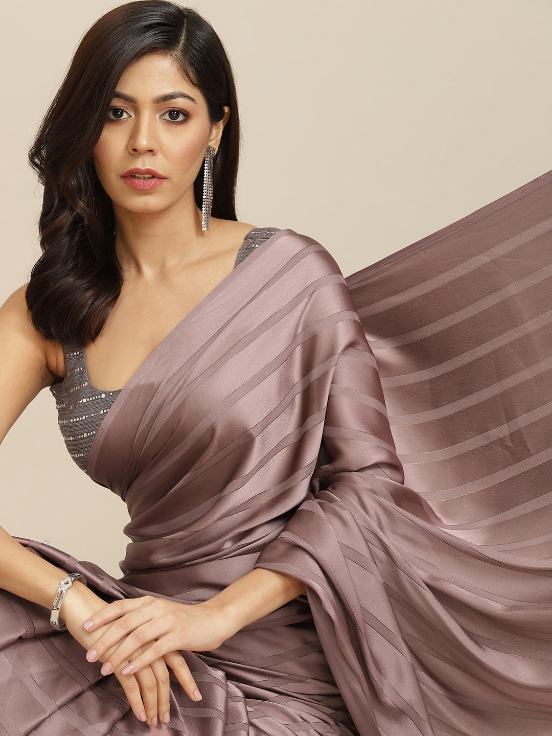 Tikhi Imli Gunmetal-Toned Striped Saree | Swadesiicart