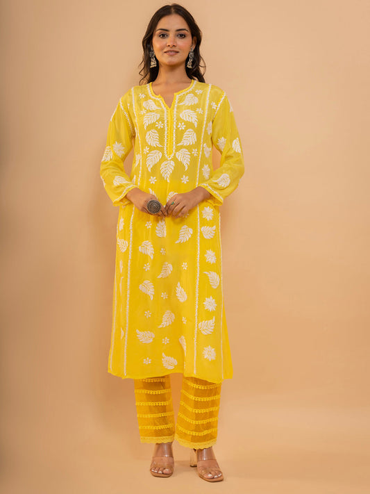 HOUSE OF KARI Floral Embroidered Chikankari Kurta | Swadesiicart