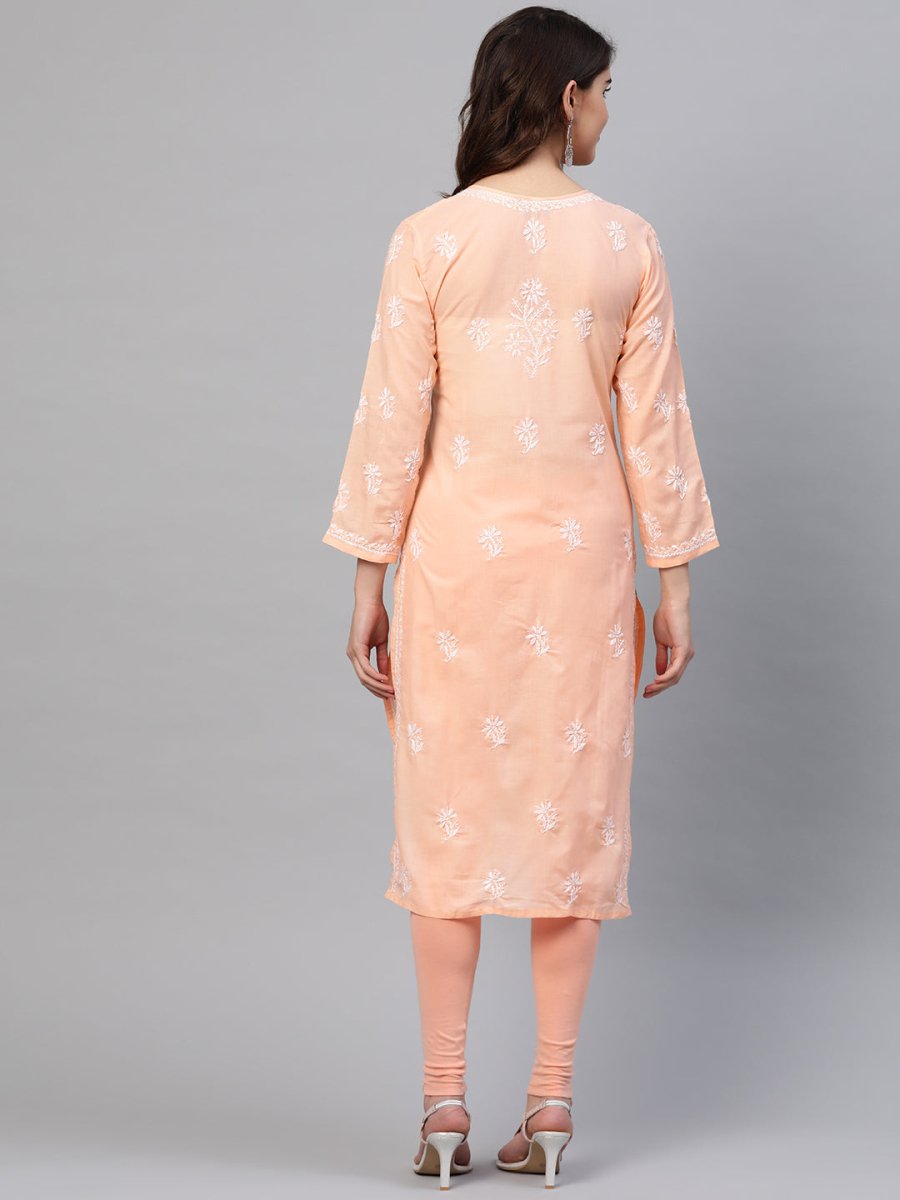 ADA Women Peach-Coloured & White Chikankari Embroidered Straight Sustainable Kurta | Swadesiicart