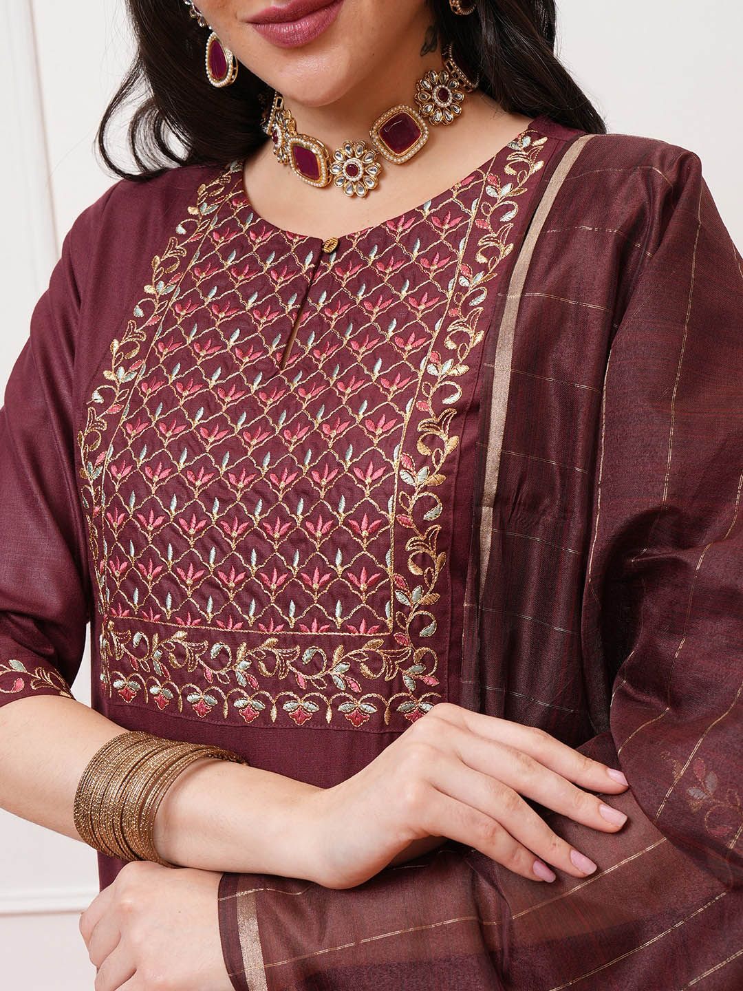 Vishudh Burgundy Ethnic Motifs Yoke Design Thread Work Kurta with Palazzo & Dupatta - Swadesiicart