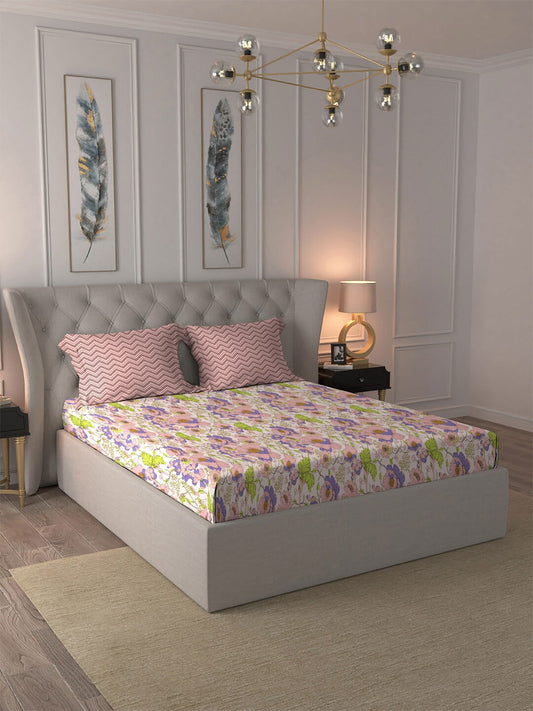 MYTRIDENT Moments Pink Blue Floral Pure Cotton 120 TC Queen Bedsheet With 2 Pillow Covers - Swadesiicart