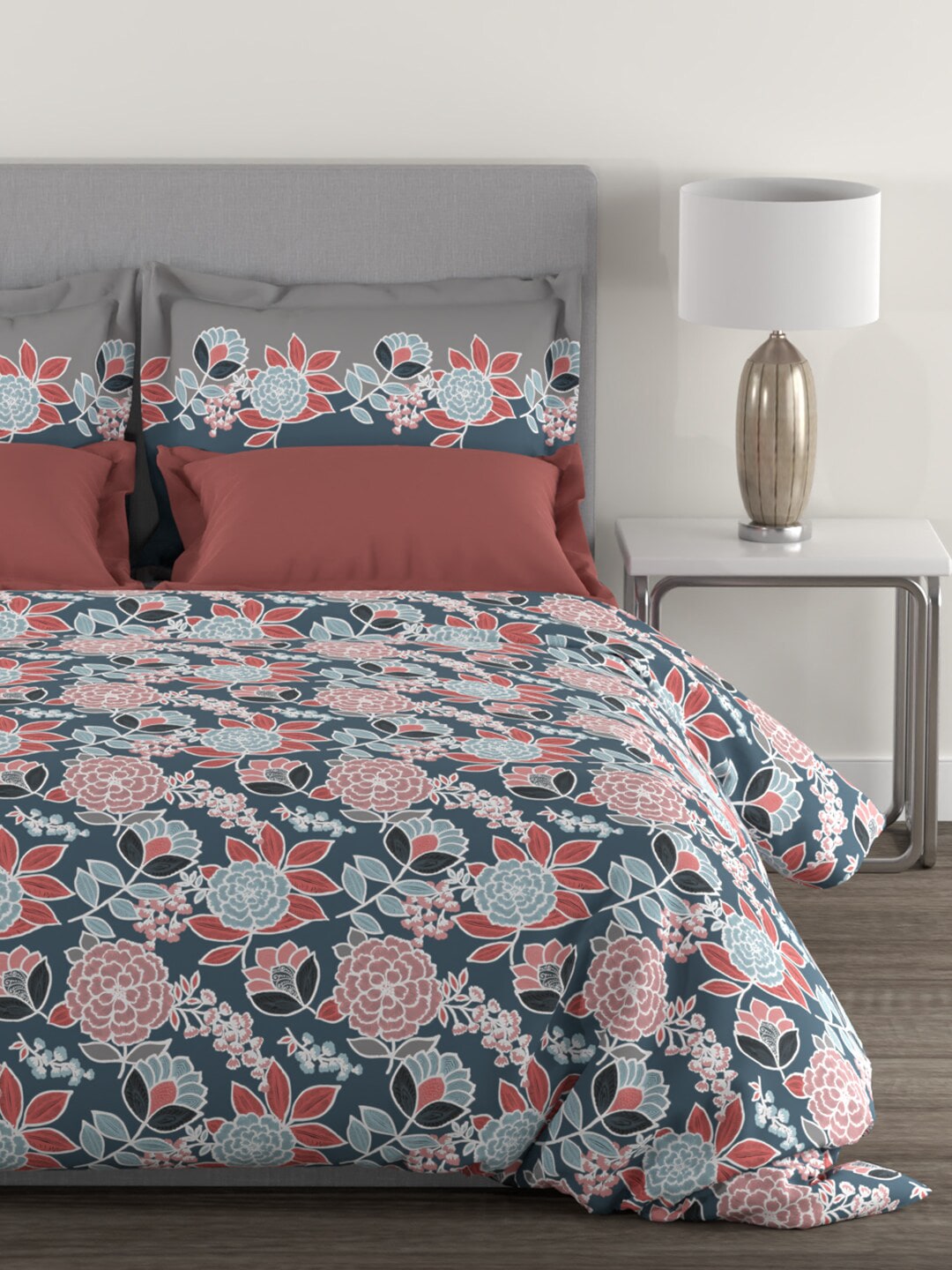MYTRIDENT Blue Green Floral Cotton 144 TC Queen Bedsheet With 2 Pillow Covers - Swadesiicart