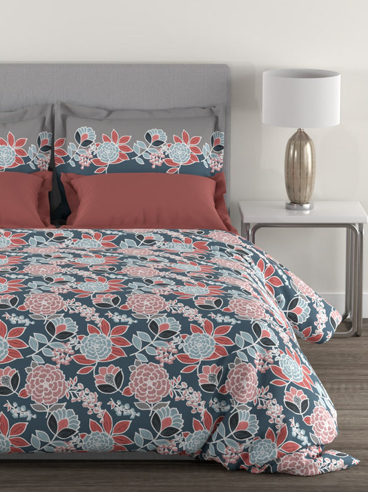 MYTRIDENT Blue Green Floral Cotton 144 TC Queen Bedsheet With 2 Pillow Covers - Swadesiicart