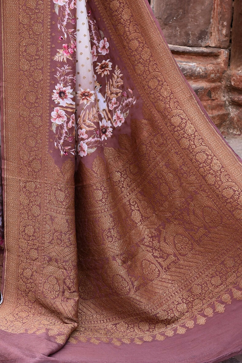Joban Fashion Ivory And Dusty Rose Crepe Chiffon Pure Handloom Banarasi Silk Saree | Swadesiicart